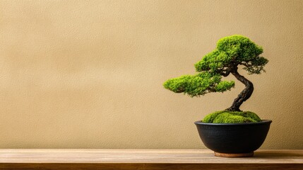 Fototapeta premium Serene Bonsai Tree in Black Pot with Lush Green Foliage Against Simple Tan Background