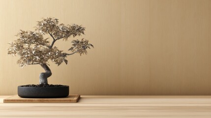 Elegant Bonsai Tree on Minimalist Wooden Table with Beige Wall Background in Serene Indoor Setting