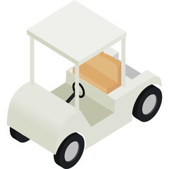 Isometric White Golf Cart With Tan Seat And Black Wheels On Transparent Background Simple Vector Icon