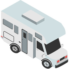 Isometric White Recreational Vehicle With Gray Accents and Tinted Windows Isolated on a Transparent Background Perfect for Travel and Camping Concepts