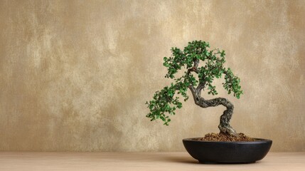 Elegant Bonsai Tree in Simple Pot Against Textured Background for Tranquil Indoor Decoration and Zen Atmosphere