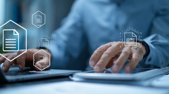 E-Invoice and Digital billing concept, Businessman using laptop to manage electronic statements on virtual screen. E-tax, Digital receipt, Online invoice processing and tax accounting solutions.