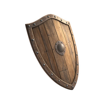 Medieval wooden round shield with metal rim isolated on transparent background