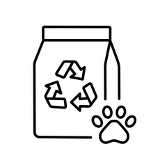 A vector icon of a pet food bag with a recycle symbol, representing eco-friendly packaging, created in line style with editable stroke