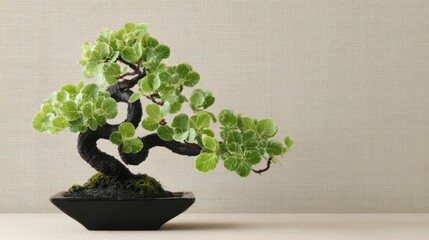 Exquisite bonsai tree with lush green foliage in a minimalist setting showcasing artful nature design and tranquility