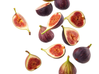 Delicious fresh purple fig fruit falling isolated transparency background. Ripe whole and half slice for healthy sweet vegetarian eating