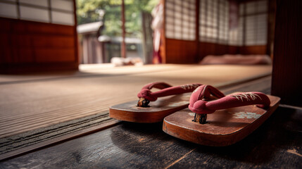 Authentic wooden geta footwear at the threshold of a serene tatami room, capturing the cultural essence of the Gion Odori in Kyoto, Japan