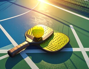 Two paddles and a ball rest on a court with net, backlit by a warm sun