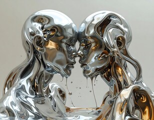 Two silver heads merged, flowing, faces touching, modern abstract sculpture