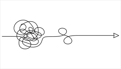 Black tangled line transforming into a straight arrow on white background line art messy