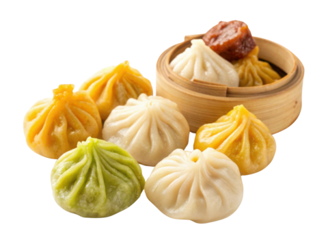 Appetizing variety of colorful Chinese dim sum dumplings, traditional Asian food assortment in bamboo steamer for delicious meal