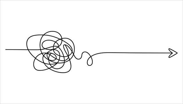 Black tangled line transforming into a straight arrow on white background messy