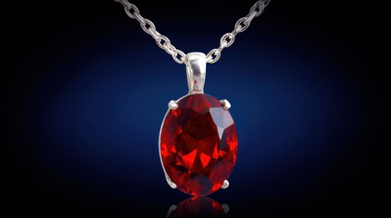 Stunning Red Gemstone Pendant Necklace with Silver Chain on Elegant Blue Background