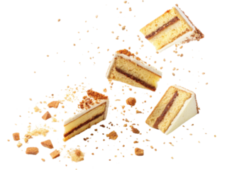 Delicious falling cake slice with crumb and sweet frosting. An indulgent dessert against transparency background, truly tempting sweet
