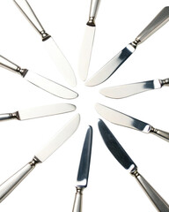 Fototapeta premium Elegant silverware knife collection in circular pattern on transparency background. Sharp steel cutlery creating dangerous abstract design