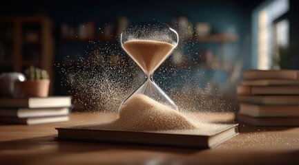 Hourglass on a book, time concept.