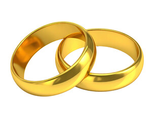 Interlocked gold wedding bands gleam on a dark surface