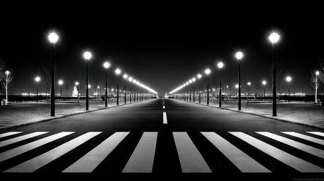 Serene Night Walkway with Street Lights and Crosswalks in Monochrome Setting for Urban Photography