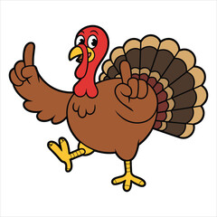 Cartoon turkey with red wattle and yellow beak raising one finger bird animal