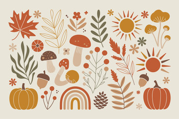 Retro Autumn Minimal Clipart – Pumpkin, Mushroom & Leaf Vector
