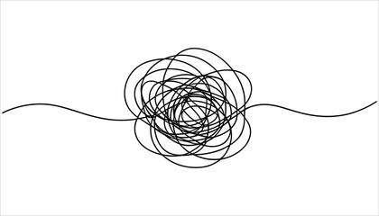 Black tangled scribble line art on white background abstract concept chaos
