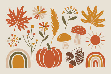 Boho Fall Sticker Pack – Cozy Pumpkin, Rainbow, and Leaf Vector Stickers