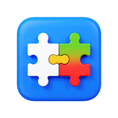 Colorful puzzle pieces connect on a blue rounded square