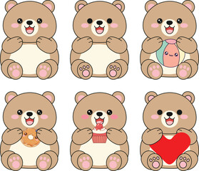 Adorable set of six cute cartoon teddy bears in various poses and holding items