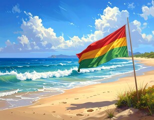 Vibrant beach scene, a flag with red, yellow and green waves in wind