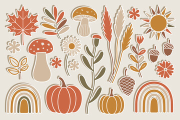 Boho Autumn Sticker Set – Pumpkin, Leaf, Mushroom & Rainbow Stickers
