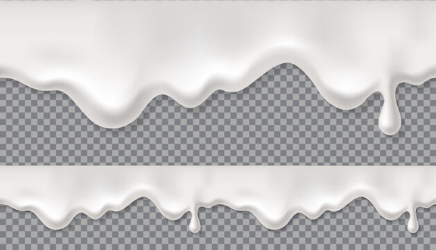 White milk seamless drip. Melting ice cream drop, realistic yoghurt border. Vector milkshake wave
