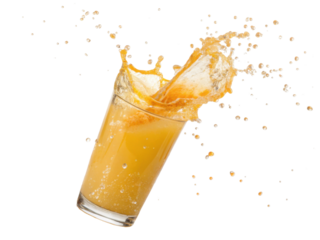 Energetic fresh orange juice splash from glass. dynamic liquid drink showing exciting motion and pure refreshment from citrus fruit