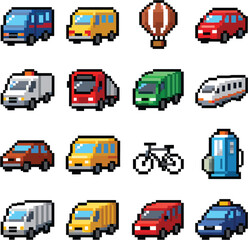 Pixel art style drawing of 10 types of transportation set, dot design, 16-bit resolution