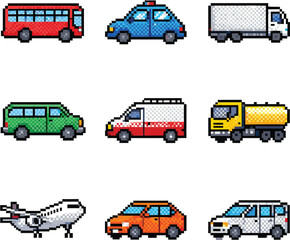 Pixel art style drawing of 10 types of transportation set, dot design, 16-bit resolution