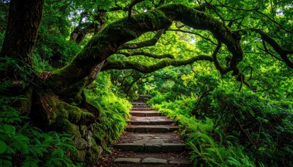 Obraz premium Stone Stairway Winding Through Lush Green Forest Canopy Dappled Sunlight Illuminating Moss Covered Ancient Trees And Overgrown Ferns