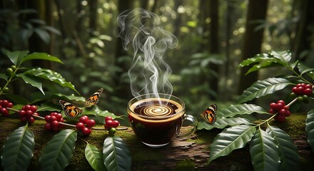 Steaming Coffee Cup Amidst Lush Coffee Plants in a Tropical Forest.