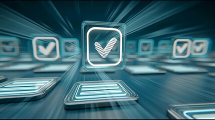 Dynamic holographic check icons rise from digital grid - Powered by Adobe