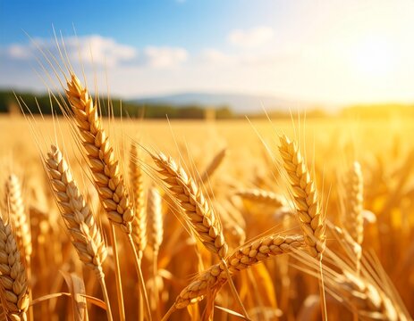 A sun-kissed field of ripe wheat swaying gently, creating an idyllic rural panorama. golden ears of grain catch the light.