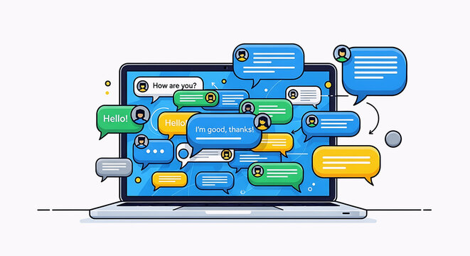 Colorful chat bubbles on laptop screen illustration about online communication