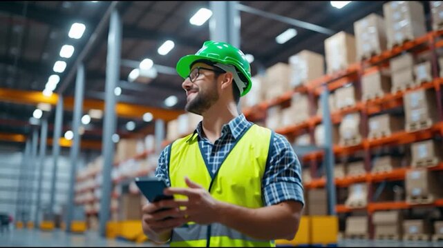 A warehouse worker in a green hard hat and reflective vest uses a smartphone while surrounded by shelves stacked with boxes. - Powered by Adobe