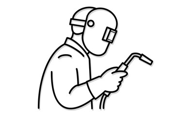 溶接作業の線画イラストアイコン、作業員と溶接ツール