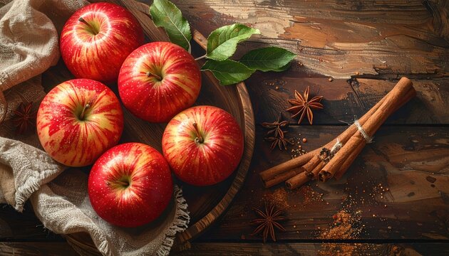 Rustic Wooden Table With Fresh Red Apples Garnished With Cinnamon Sticks And Star Anise With Sparkling Sugar Sprinkles And Dramatic Lighting