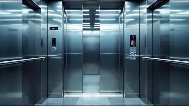 A modern elevator interior with sleek metallic walls and control panels, showcasing advanced technology and a clean, minimalist design.