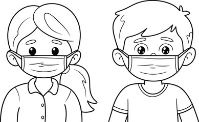 Children wearing face masks illustration, kids health safety drawing, pandemic awareness sketch, childhood protection artwork, educational graphic, hygiene symbol art