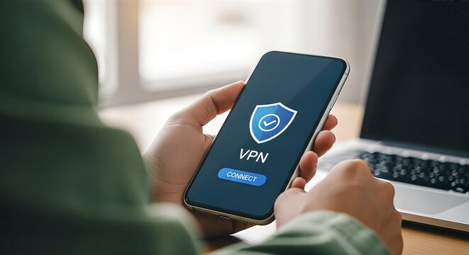 Man using vpn application on his mobile phone for secure connection