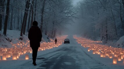 Road lined with glowing lanterns in a snowy forest with silhouette figure - Powered by Adobe