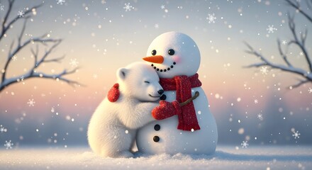 Cute polar bear cub hugging a friendly snowman in a beautiful snowy winter landscape with falling snowflakes