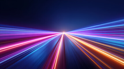 Abstract illustration of speed and motion, with vibrant light trails converging towards a central point. The illustration conveys a sense of rapid movement and technological advancement