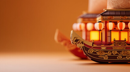A beautiful 3D rendering of traditional illuminated parade floats for the Hanno Matsuri, Japan festival, glowing warmly with paper lanterns