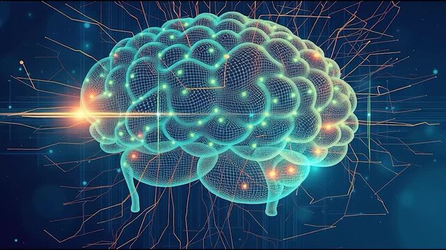 A digital representation of a brain with glowing nodes and neural connections on a dark blue background, symbolizing intelligence and connectivity.